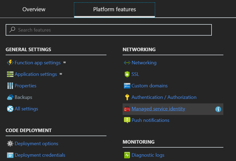 Platform Features → Managed service identity → Turn on