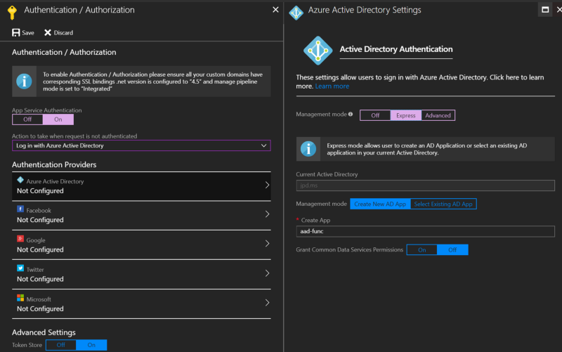 Add Azure AD via Function App → Platform Features → Authentication/Authorization